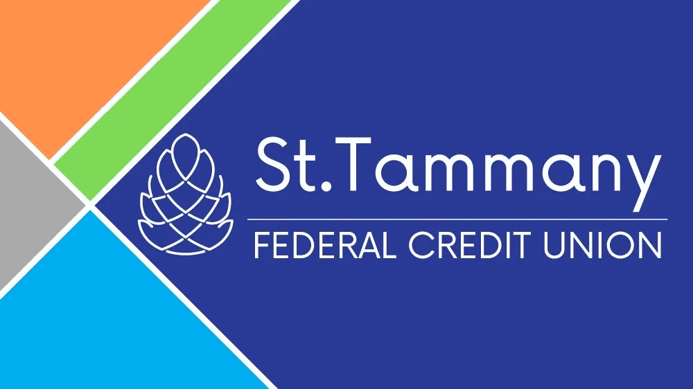 St. Tammany Federal Credit Union logo with colorful geometric background.